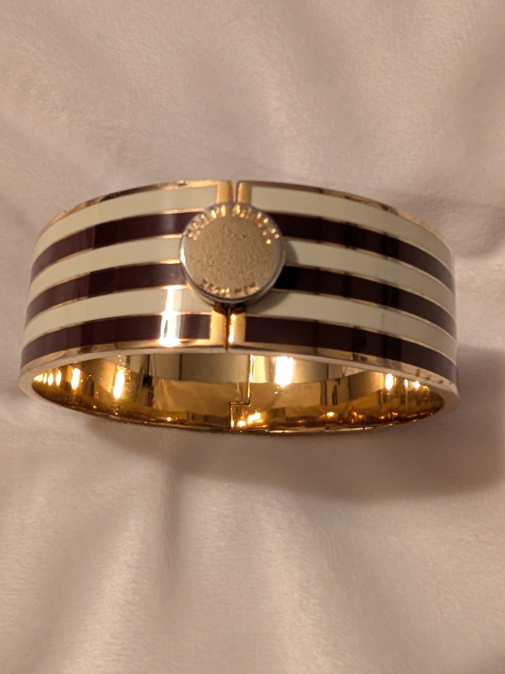 Henri Bendel Bracelet Enamel Wide Striped Hinged Bangle Brown Cream Gold EUC